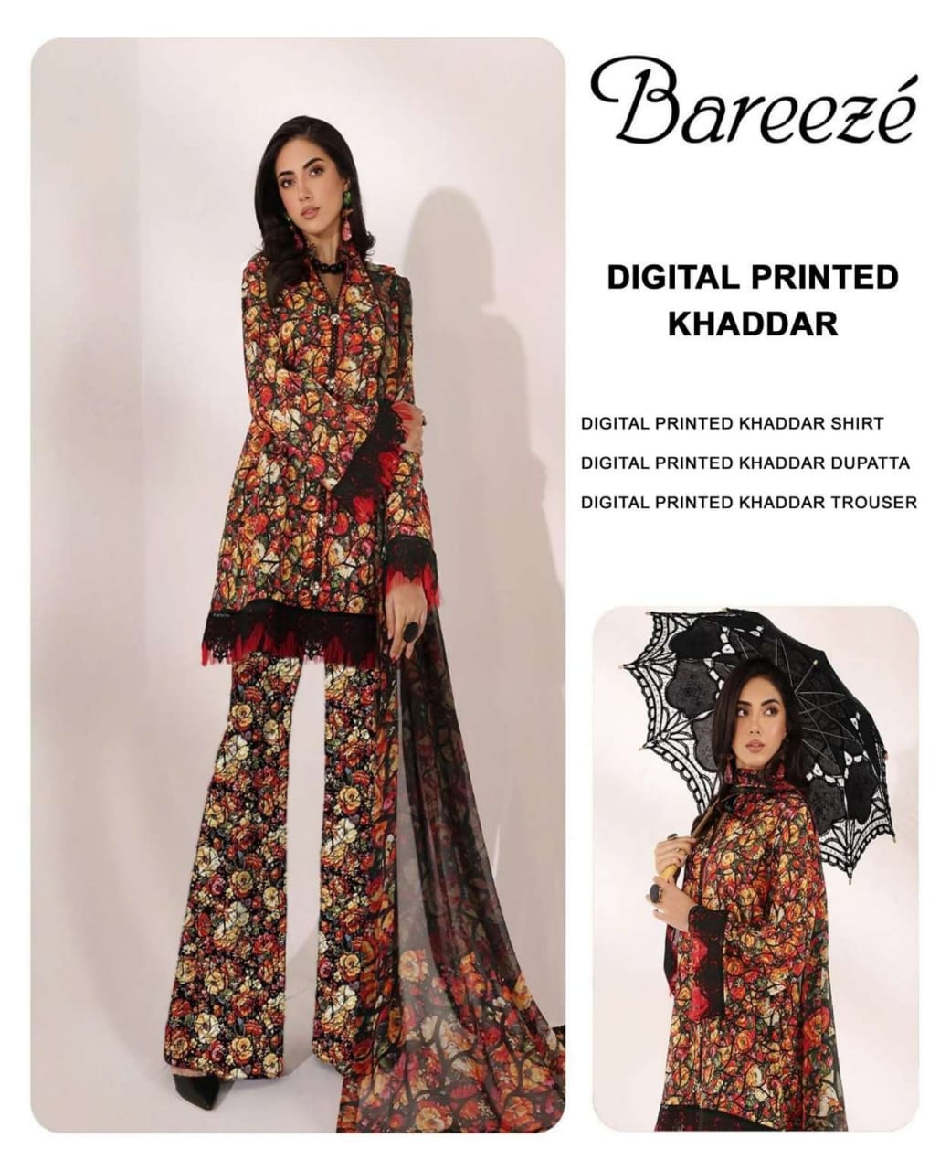 3 piece - Digital Printed fancy Bana dora khaddar Suit ( Bareeze )